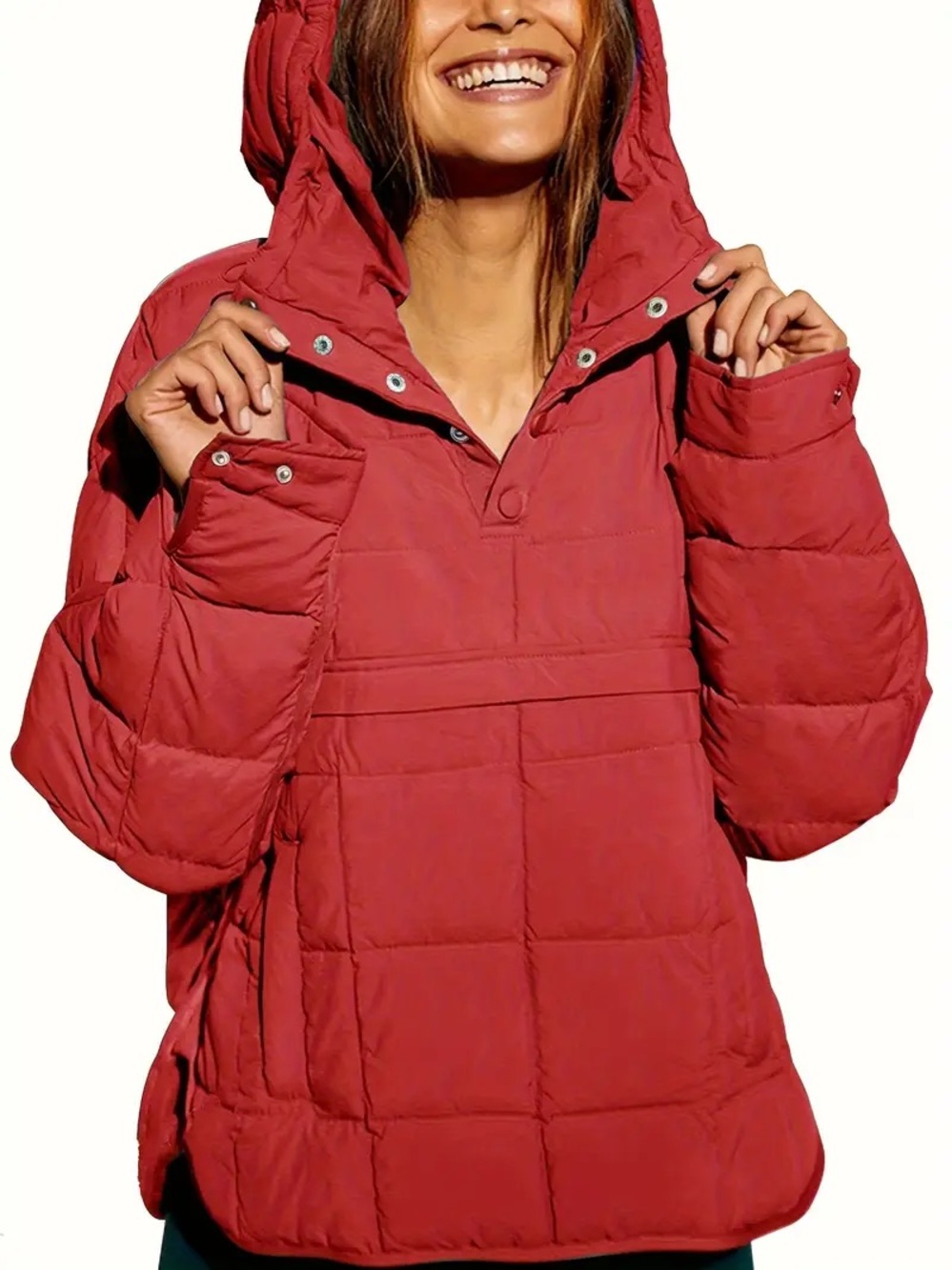 Women's Quilted Hooded Pullover Jacket - Red Small
